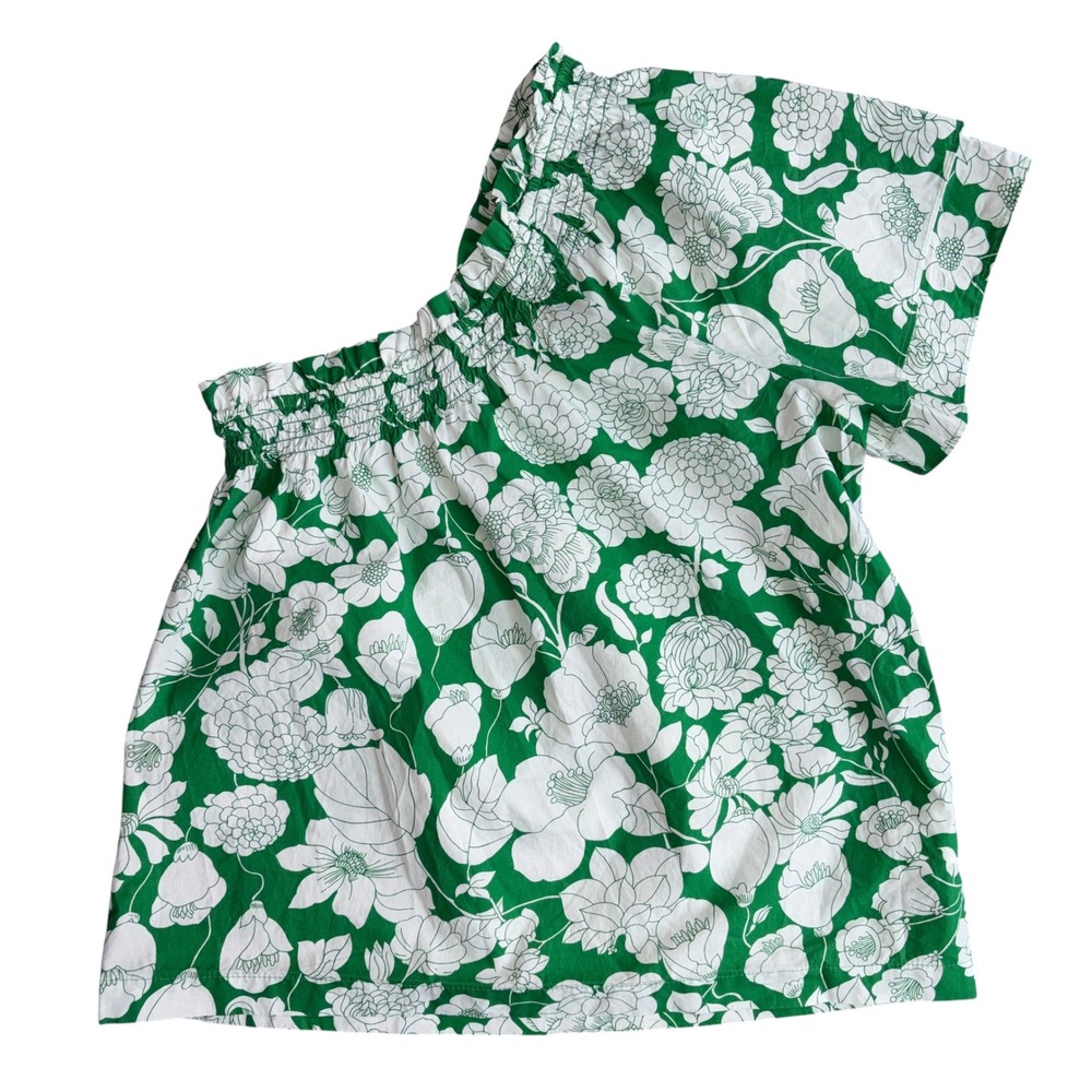J. Crew One Shoulder Top Women Green Floral Cotton Smocked Summer XXS NWT